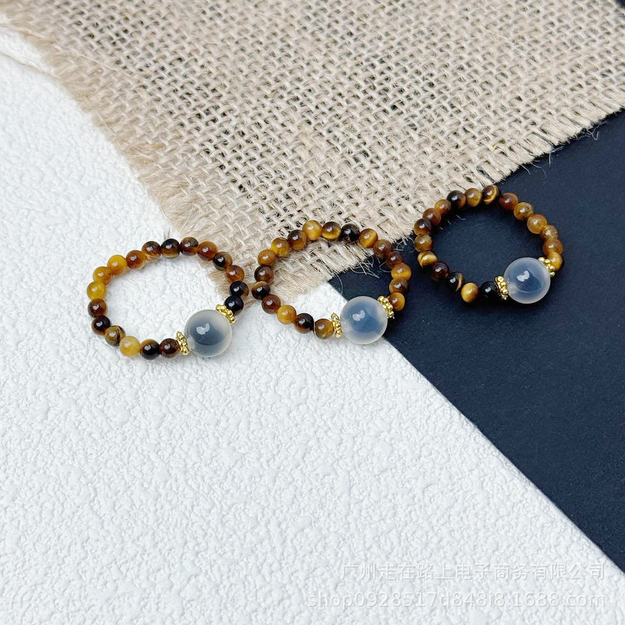 Tiger Eye Beaded Ring – Three tiger eye rings with agate centers on black and white, bundle set