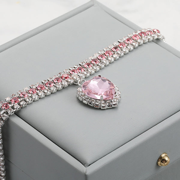 Crystal Pet Collar – Pink rhinestone band with heart pendant on gray box, rose gold tone pet gift