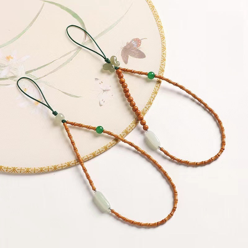 Olive Kernel Phone Chain – two olive kernel straps crossed over painted silk fan with butterfly, Chinese aesthetic phone charm