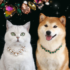Pet Wedding Collar – White cat and Shiba Inu wearing pearl and emerald crystal collars on black, luxury pet jewelry