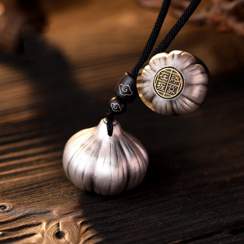 Thai Silver Garlic Protection Charm, side view, pendant necklace