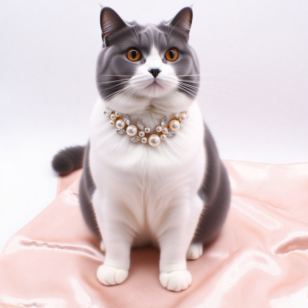 Princess Crystal Pearl Pet Collar – British Shorthair cat wearing pearl crystal collar on pink satin