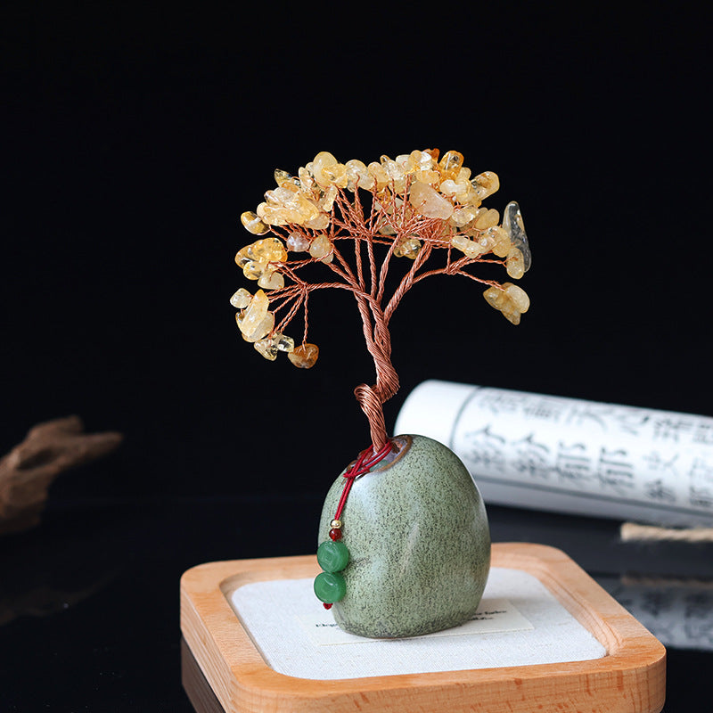 Citrine Money Tree – Yellow citrine side angle close-up, copper wire trunk