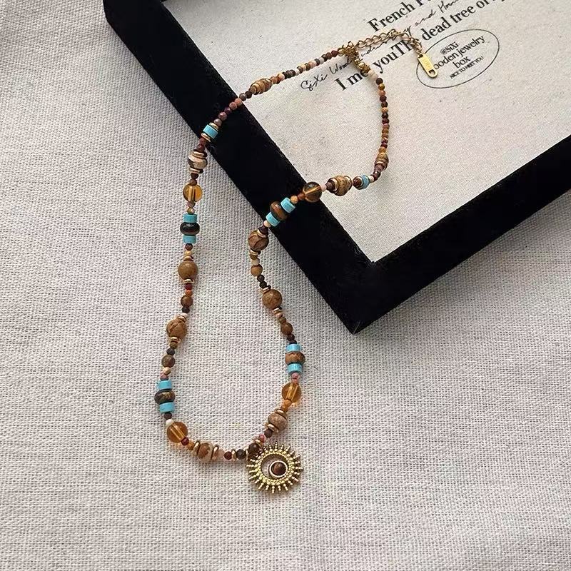 Sunflower Necklace – beaded tiger eye necklace with turquoise accents on linen fabric, gold sun pendant charm, boho jewelry