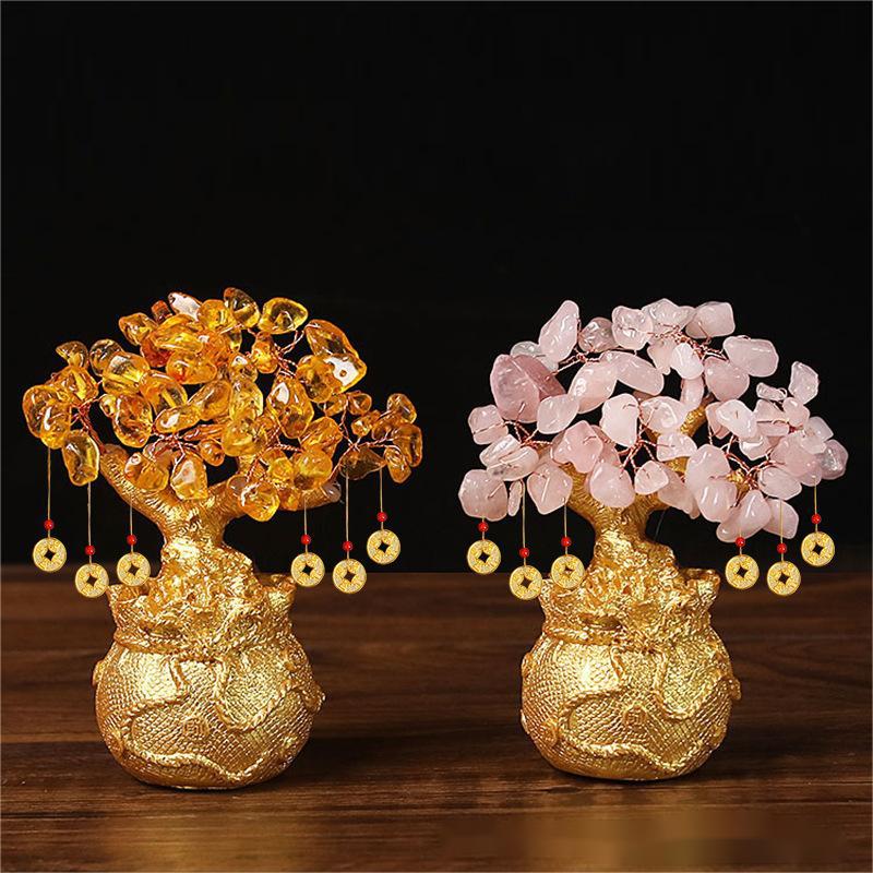 Citrine & Rose Quartz Trees – two money trees side by side on wood surface, dual energy wealth decor