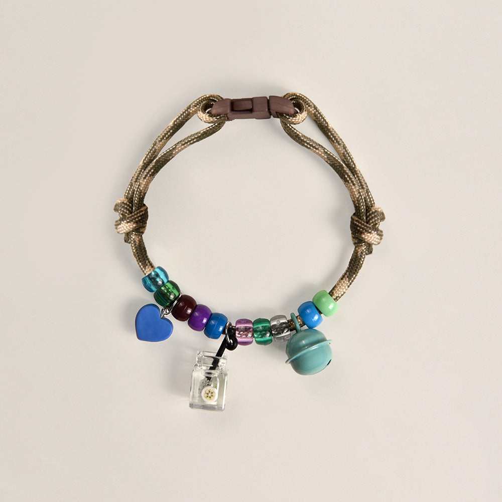 Breathable Cat Collar – Camo rope with heart, flower bottle & turquoise bell, boho adjustable collar