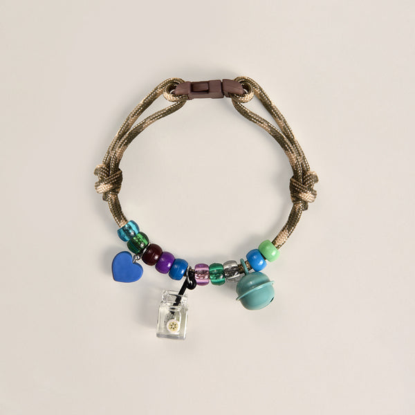 Breathable Cat Collar – Camo rope with heart, flower bottle & turquoise bell, boho adjustable collar