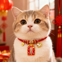Gold Red New Year Collar for Cats & Dogs with Fortune Charm Pet Necklace Decor