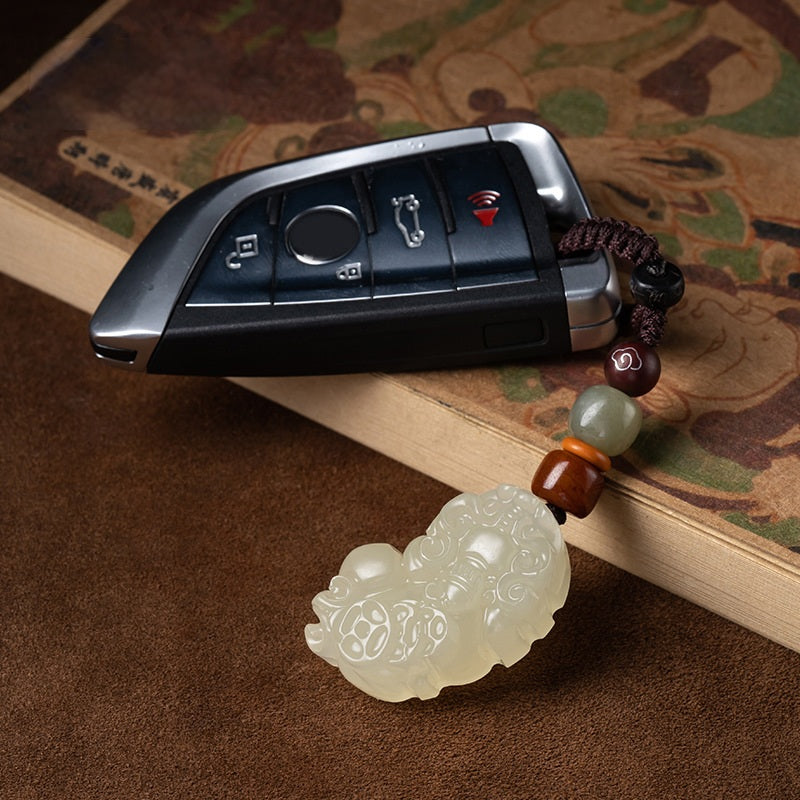 Jade Pi Xiu Keychain for Wealth and Car Protection, side view, lucky charm