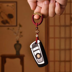 Handwoven Feng Shui Macrame Keychain – Yellow, side view, lucky charm
