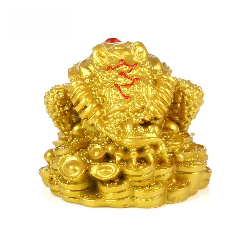 Golden Money Toad – rear view showing textured back with red accent pattern gold coin base, feng shui charm