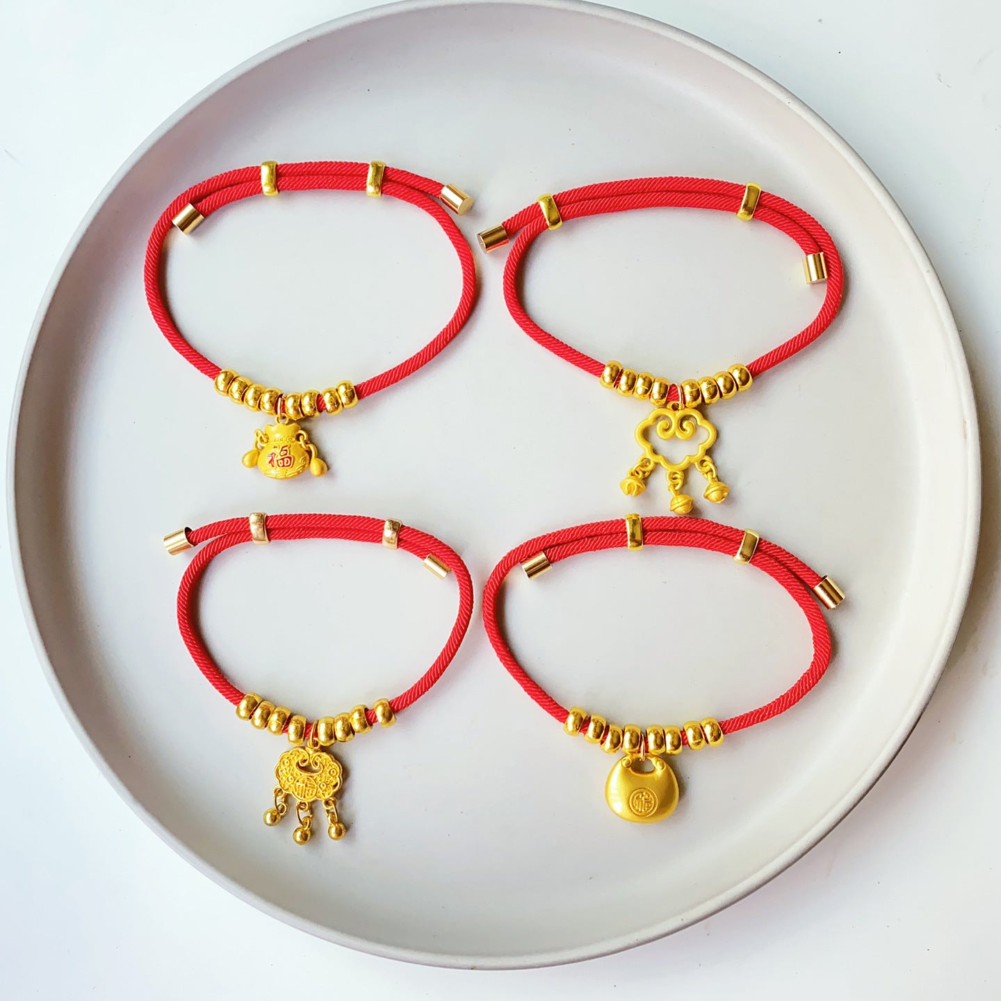 Longevity Lock Pet Collar - Four red cord variants with lock bag ruyi and longevity charms, lucky pet collar set