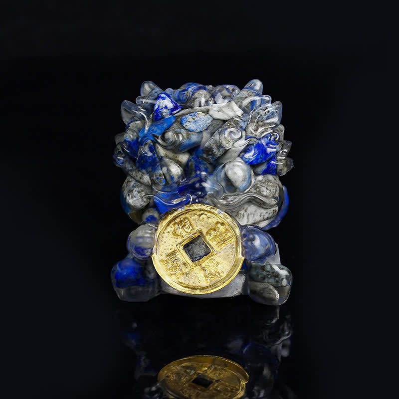 Handmade PiXiu Crystal – Lapis lazuli blue-gray front view on black, feng shui