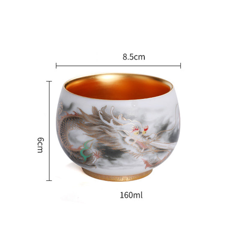 Dragon Gilt Porcelain Teacup - 160ml dragon cup with size specs on white background, precise