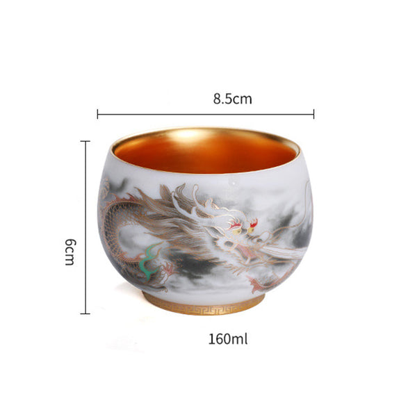 Dragon Gilt Porcelain Teacup - 160ml dragon cup with size specs on white background, precise