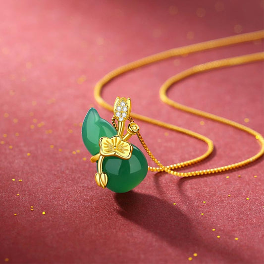 Cyan Jade Gourd Pendant Necklace - green jade double gourd with gold lotus leaf and CZ bail, prosperity jewelry