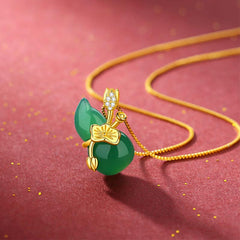 Cyan Jade Gourd Pendant Necklace - green jade double gourd with gold lotus leaf and CZ bail, prosperity jewelry