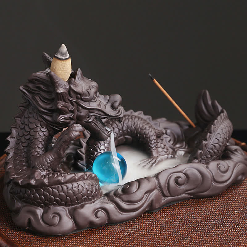 Dragon Incense Burner - rear angle coiled body, backflow smoke, bamboo tray, calming