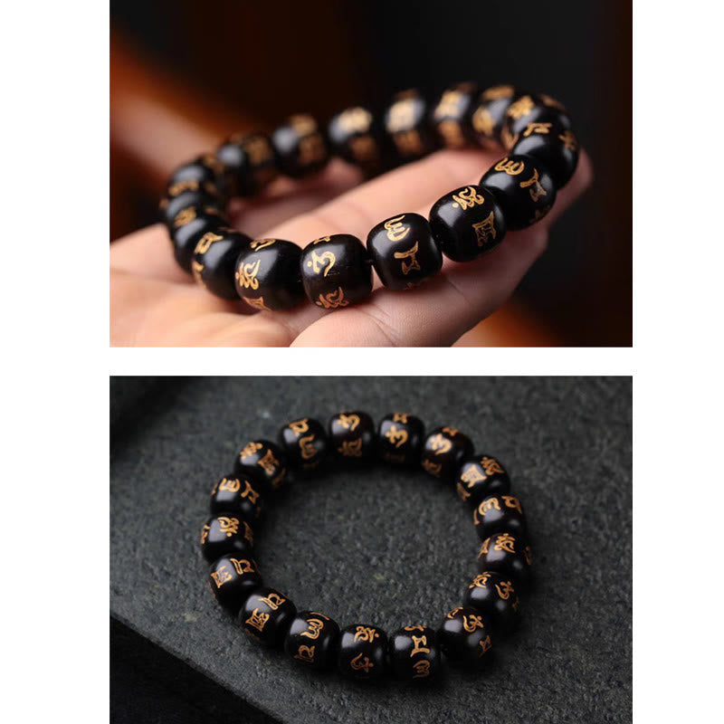 Ebony Wood Om Mani Padme Hum Bracelet – Held in palm and overhead flat lay on stone, meditation beads