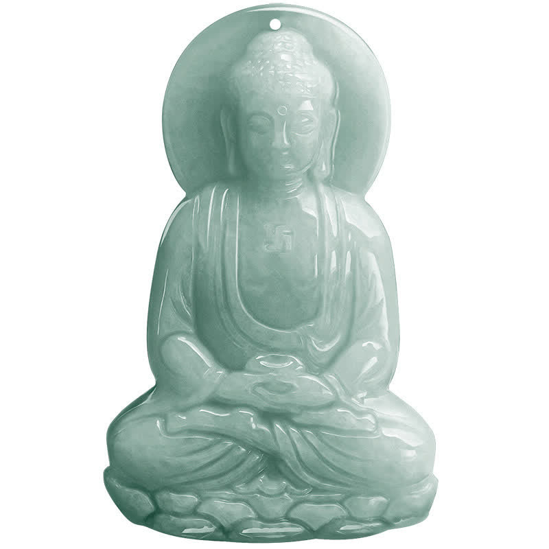 Amitabha Buddha Jade String Necklace - Clean white background frontal view, symmetrical pose