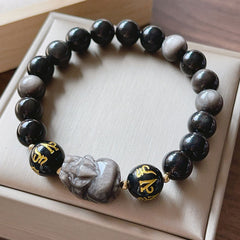 Silver Sheen & Black Obsidian PiXiu Bracelet – carved Pixiu charm with gold mantra beads in satin box, obsidian protection...