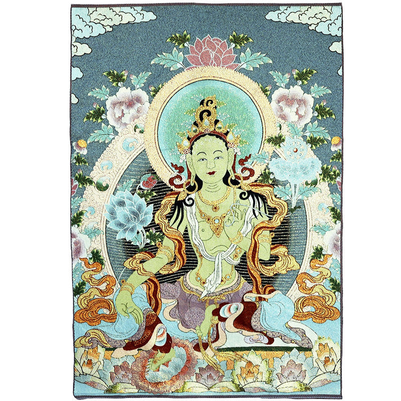 Tibetan Embroidery White Tara Thangka Tapestry – full view, floral scrolls and clouds, gold teal, sacred weave