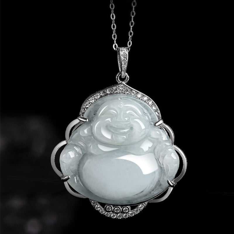 Titanium Steel Necklace – jade Buddha pendant side view, jewelry