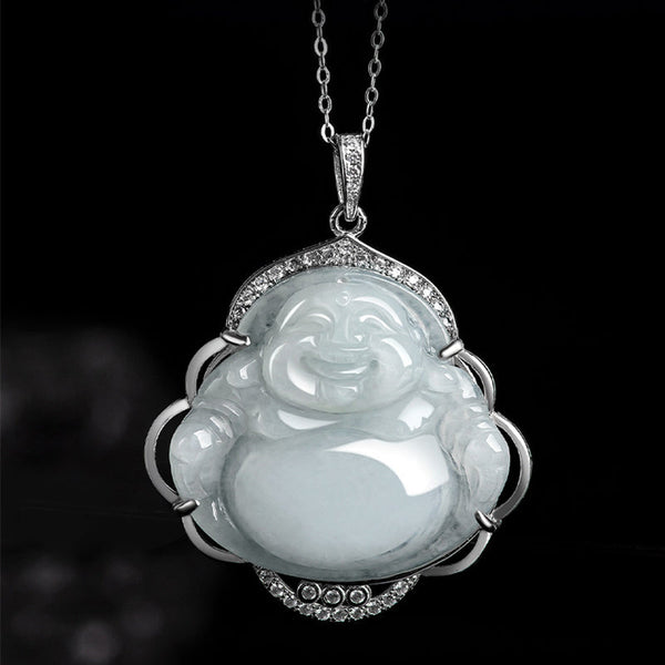 Titanium Steel Necklace – jade Buddha pendant side view, jewelry