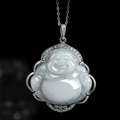 Titanium Steel Necklace – jade Buddha pendant side view, jewelry