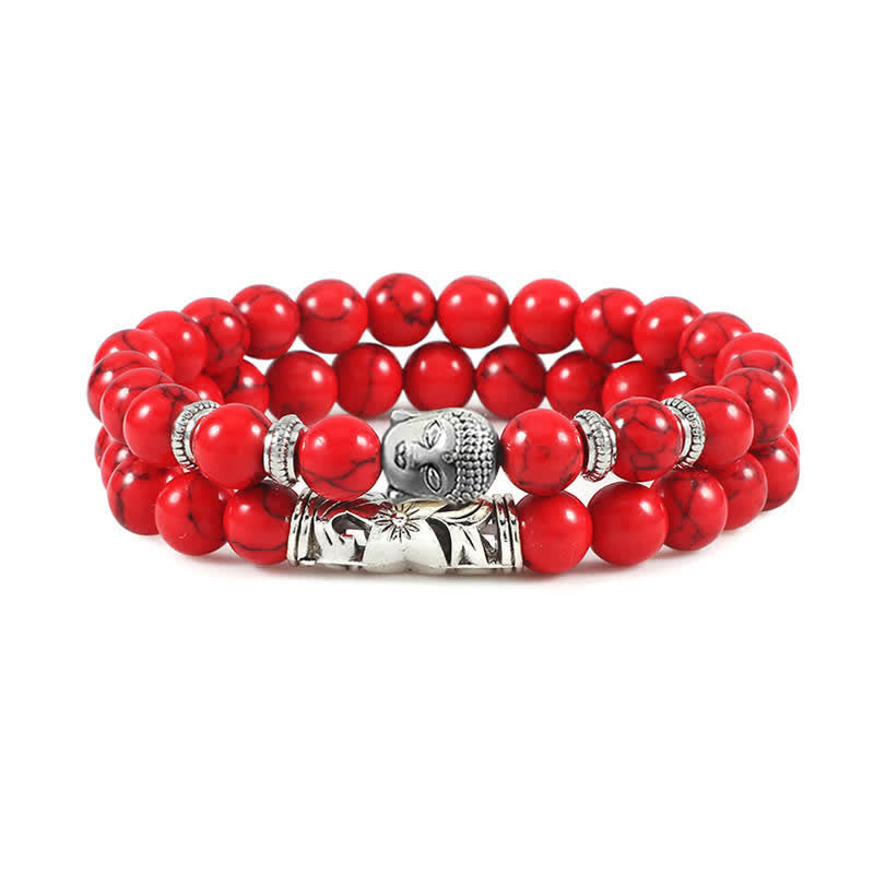 Tiger Eye Bracelet – Vibrant red turquoise beads with silver Buddha charm front view, passion jewelry