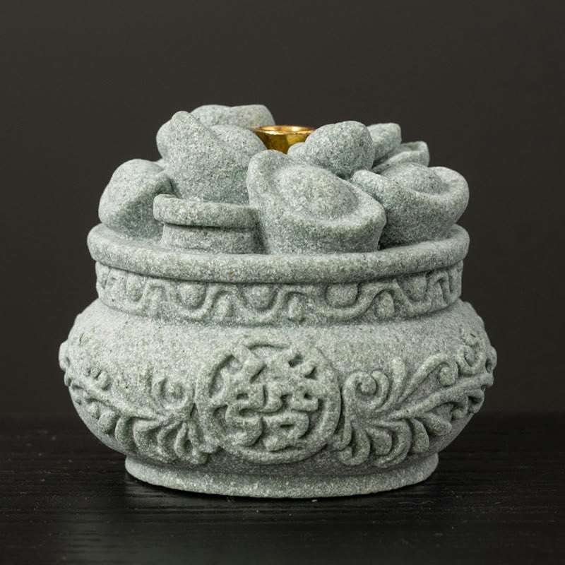 Fu Character Sandstone Incense Burner – ingot lid on black background, sandstone incense burner