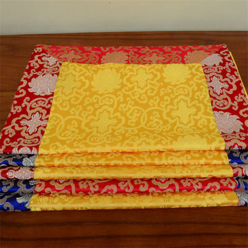 Dragon Vajra Altar Table Runner – Layered yellow red blue cloths on brown table, ornate