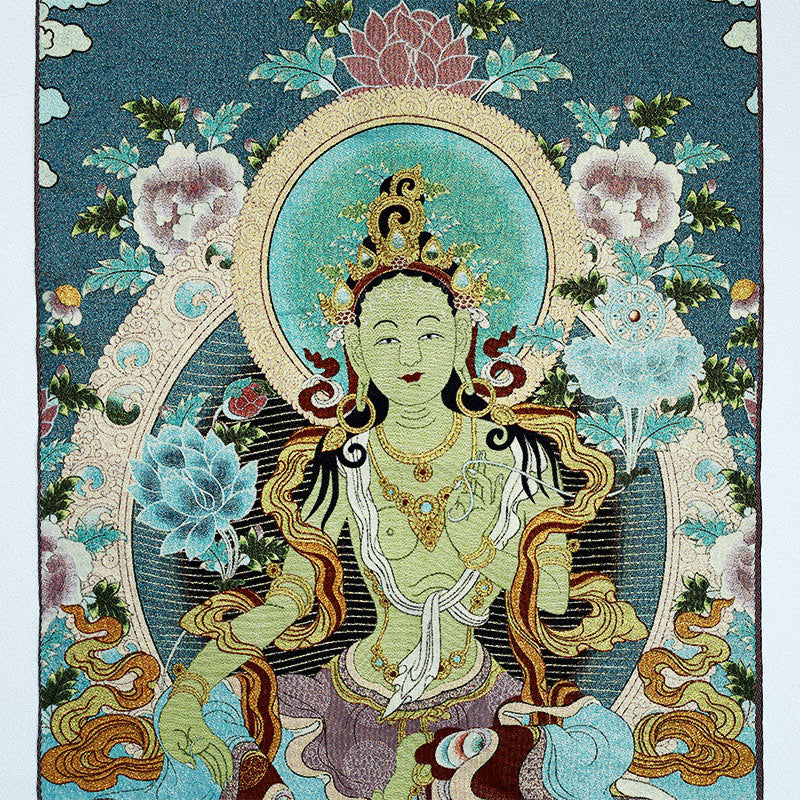 Tibetan Embroidery White Tara Thangka Tapestry – detailed halo and throne, hand-stitched silk, spiritual purity