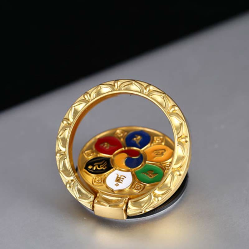Om Mani Padme Hum Phone Ring Holder – Gold spinner ring with six-color rotating disc and yin-yang, fidget ring