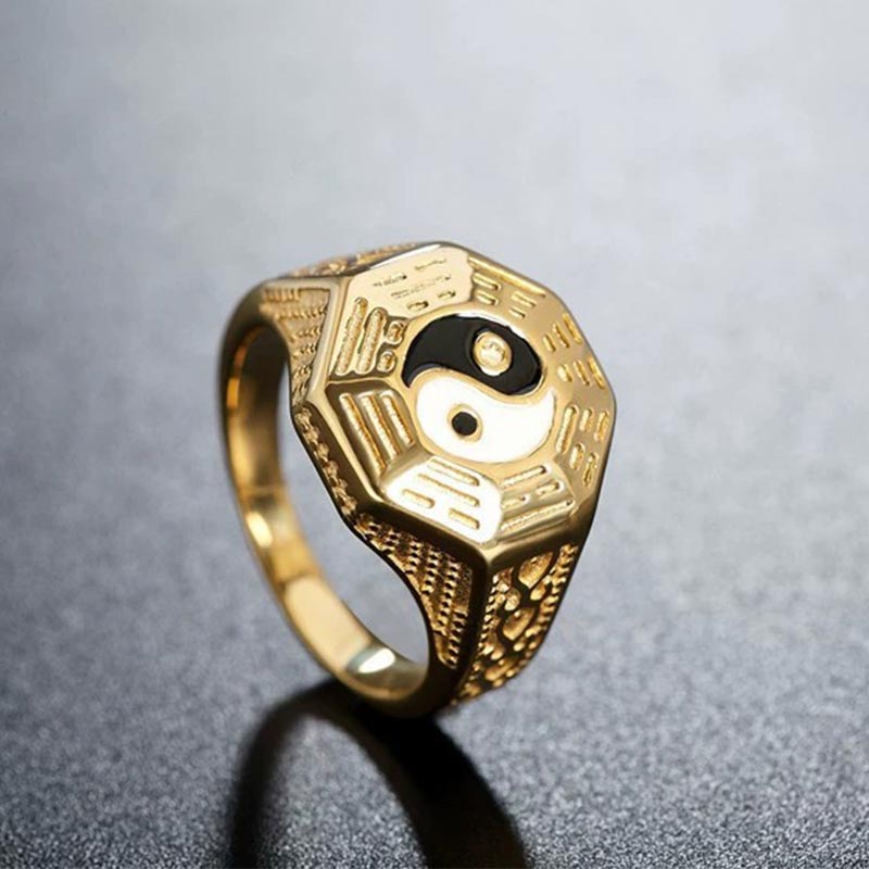 Yin Yang Copper Luck Ring - Gold ring with yin-yang bagua on gray stone, men's Taoist ring