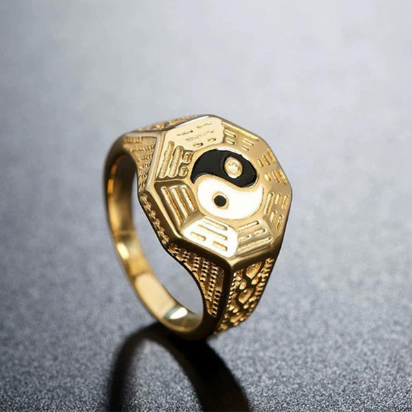 Yin Yang Copper Luck Ring - Gold ring with yin-yang bagua on gray stone, men's Taoist ring