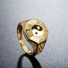 Yin Yang Copper Luck Ring - Gold ring with yin-yang bagua on gray stone, men's Taoist ring