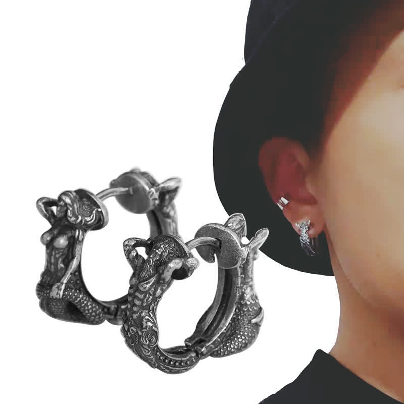 Sterling Silver Dragon Hoop Earrings – antique silver mermaid hoop detail paired with lifestyle shot on model, gothic fantasy