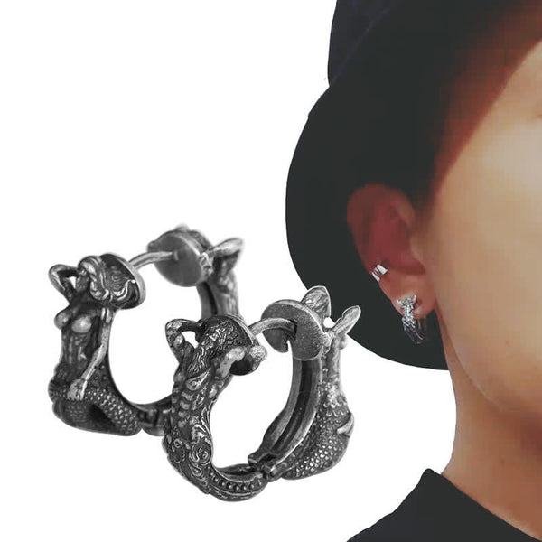Sterling Silver Dragon Hoop Earrings – antique silver mermaid hoop detail paired with lifestyle shot on model, gothic fantasy