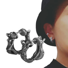 Sterling Silver Dragon Hoop Earrings – antique silver mermaid hoop detail paired with lifestyle shot on model, gothic fantasy