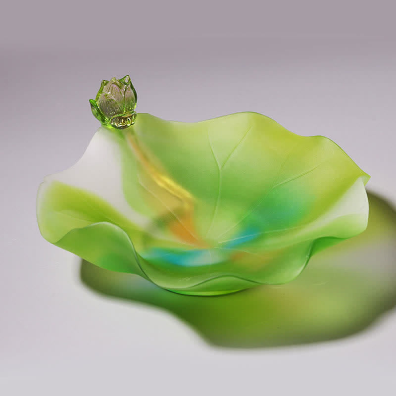 Feng Shui Lotus Liuli Crystal – translucent lotus leaf bowl with amber swirls, artistic