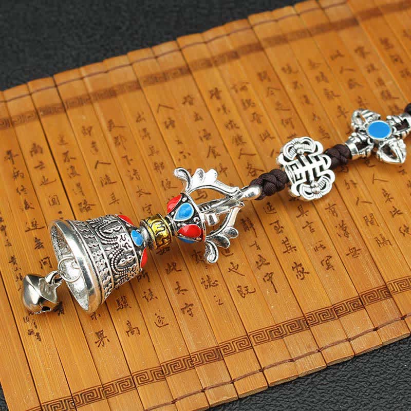 Tibetan Vajra Dorje Car Hanging – Mini prayer wheel with blue inlay and eternal knot charm, mani wheel