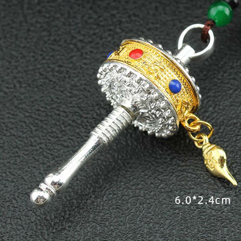 Tibetan Prayer Wheel Tassel – Silver gold prayer wheel pendant with gemstone inlays, Tibetan jewelry