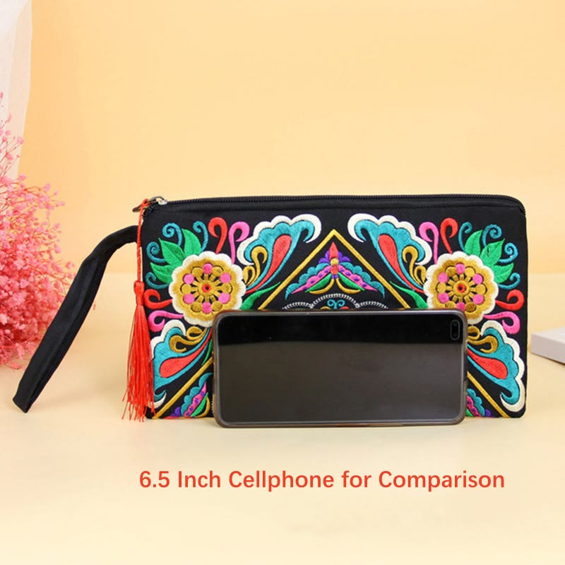 Dragon Butterfly Embroidery Wallet - Phone scale comparison, red tassel, symmetrical, Practical