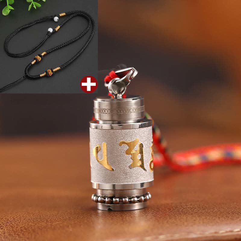 Om Mani Padme Hum Amulet – Silver mantra pendant, red cord bonus, hand holding, Buddhist