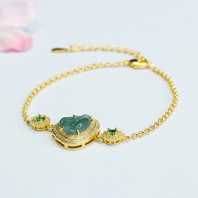 Green Jade Buddha Bracelet – Buddha carving face and belly detail in green stone, happy expression