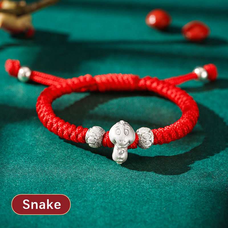 999 Sterling Silver Zodiac Red Rope Kids Bracelet - Horse charm on red knotted cord with beads, adjustable bracelet