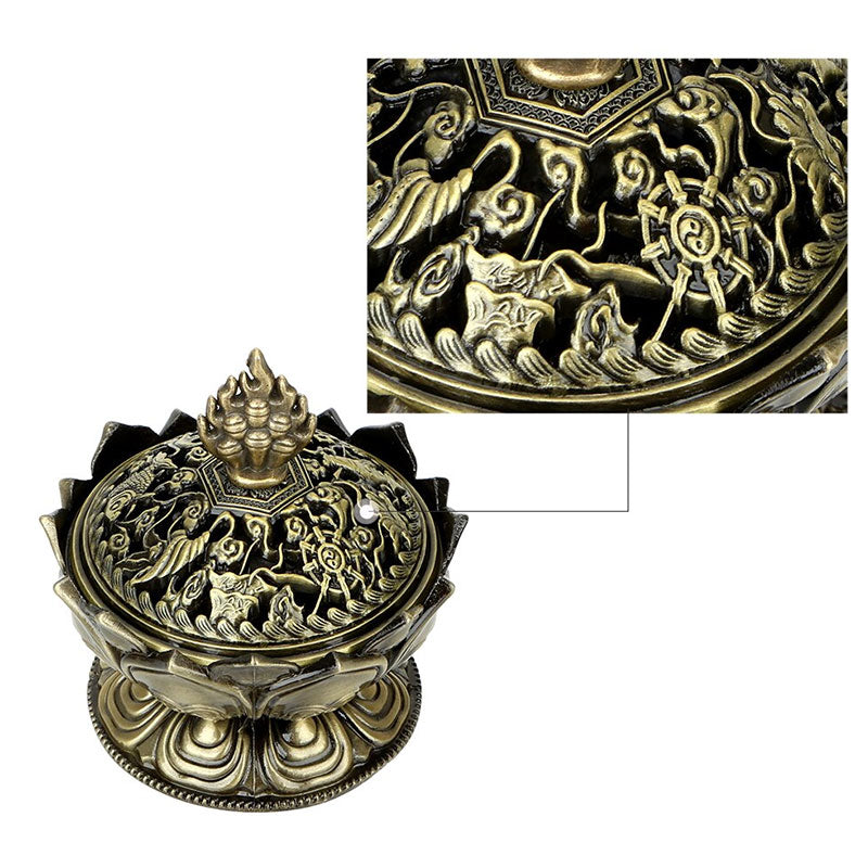 Lotus Shaped Incense Burner - Gold finish lotus censer elevated three-quarter view, Luminous Zen decor