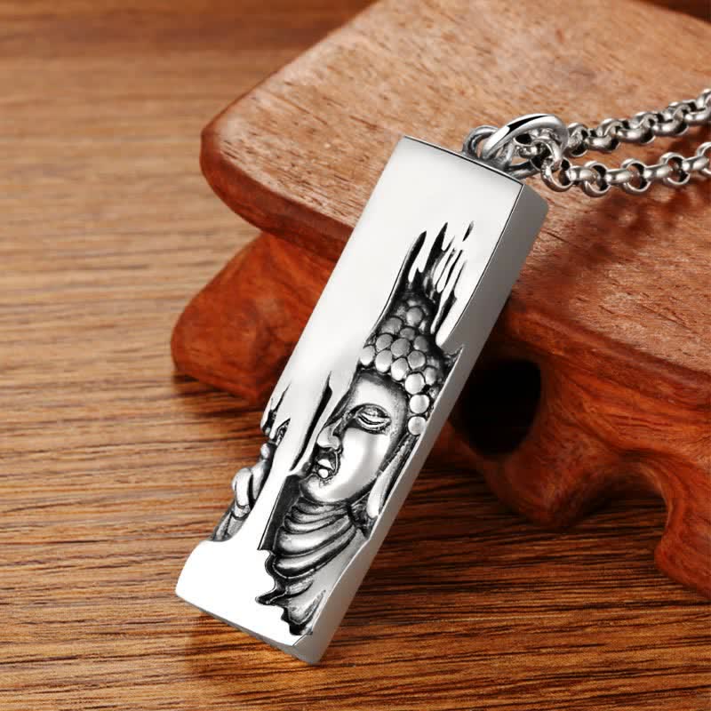 Tathagata Buddha Copper Amulet Necklace – macro angled Buddha face carving on silver pendant with wood grain, artisan