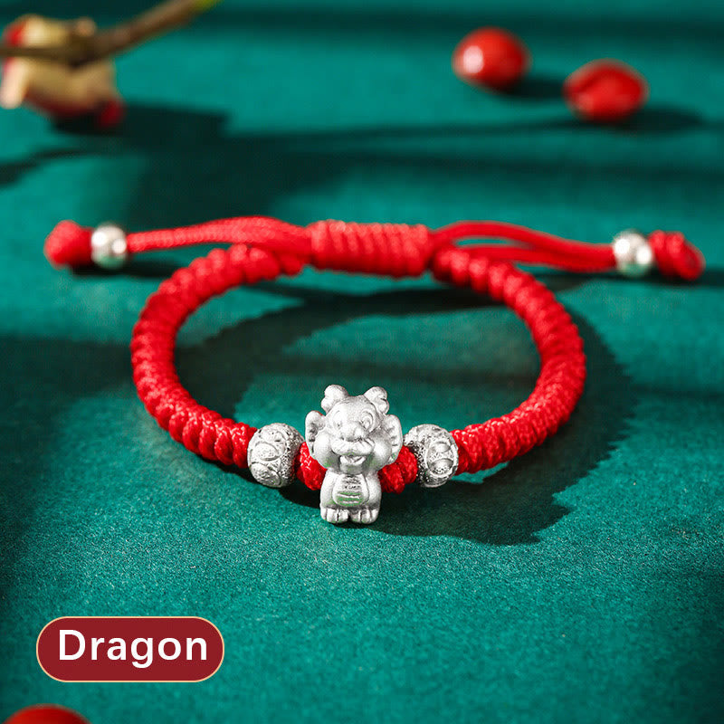 999 Sterling Silver Zodiac Red Rope Kids Bracelet - Dragon charm on woven red cord with beads, zodiac protection